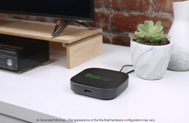 The BNBCAST Hub hardware plugged into a TV